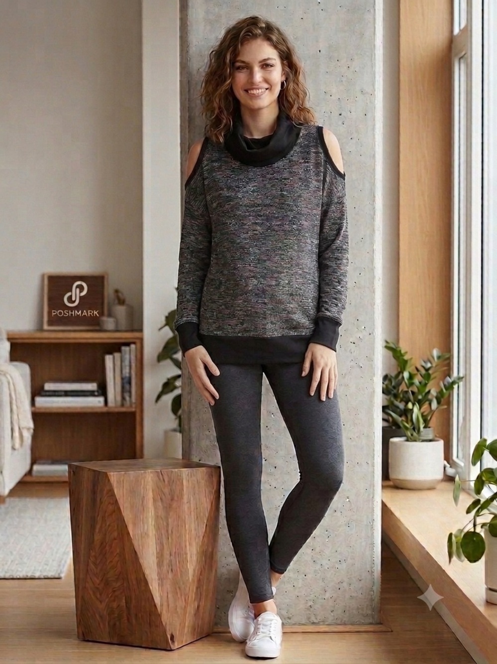 RBX Active Grey Black Cold Shoulder Cowl Neck Top Medium